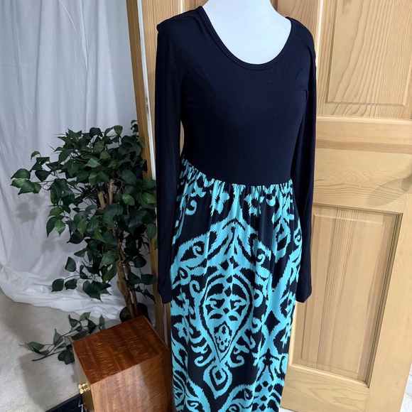 Grecerelle M Black Solid Top Black/Green Long Sleeve Maxi‎ Dress Comfy Pockets - Picture 10 of 11